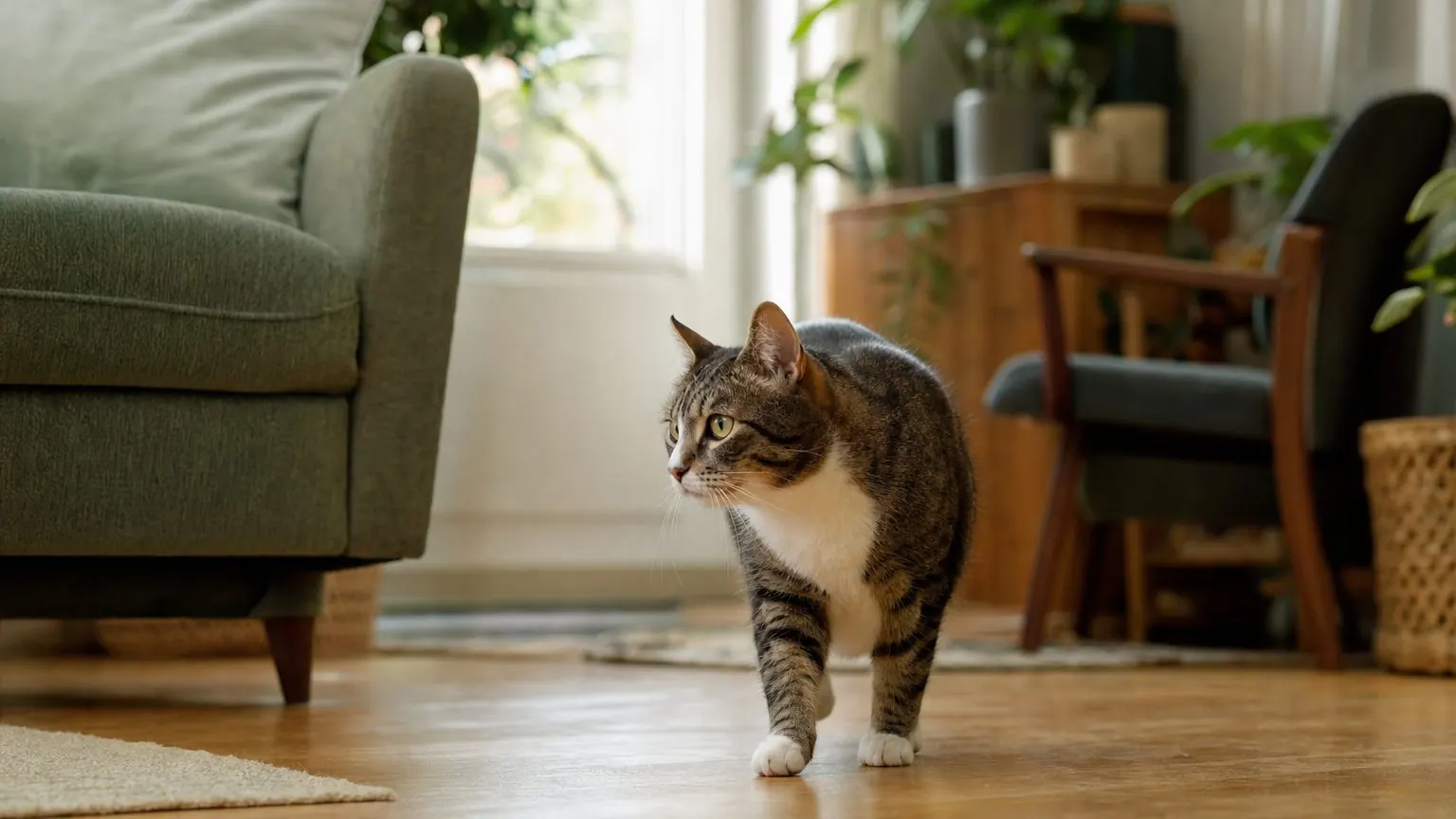 Chat adulte adopté qui explore calmement son nouveau foyer pendant l'adaptation