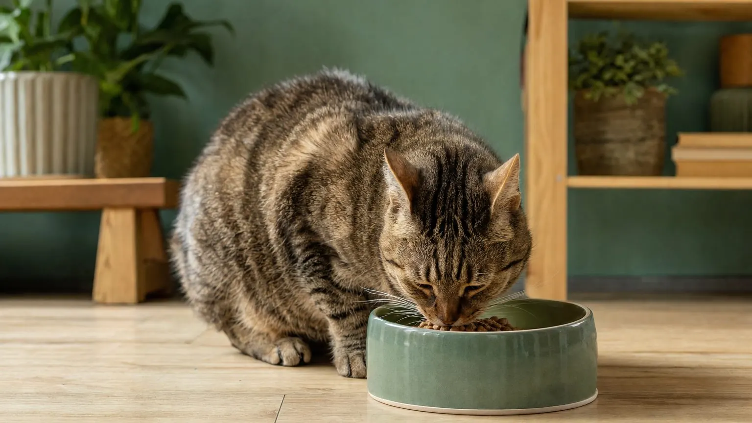Chat en insuffisance rénale mangeant une gamelle de croquettes rénales prescrites