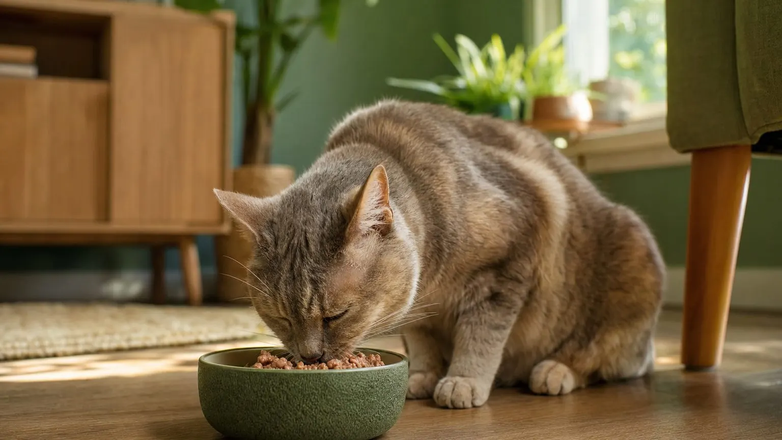 Chat senior mangeant une pâtée adaptée dans sa gamelle, alimentation chat senior à la maison