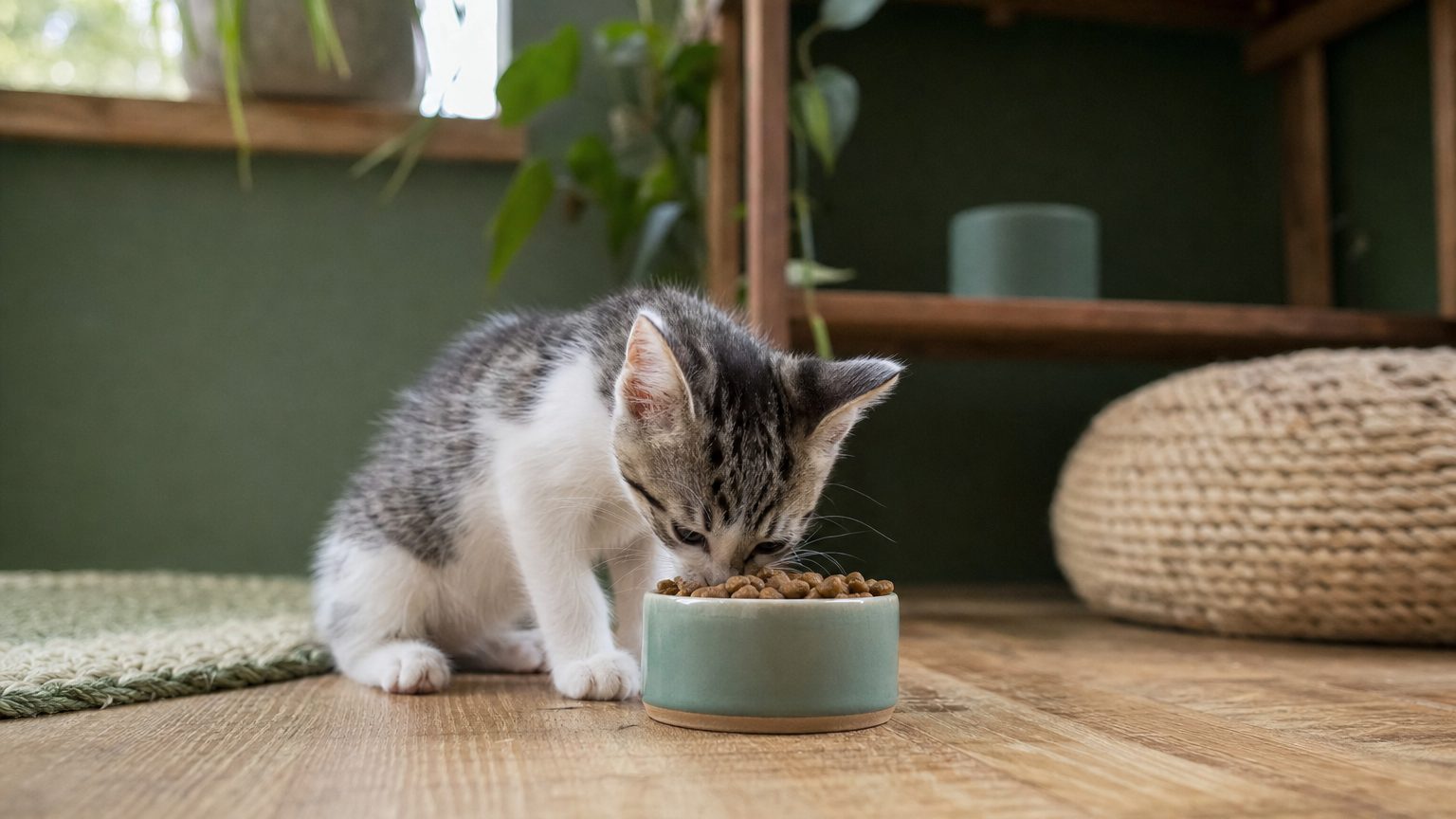 Chaton de 2 mois mangeant des croquettes dans une petite gamelle