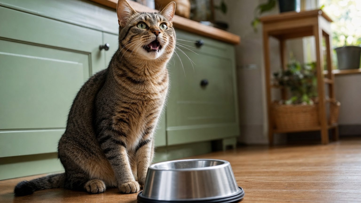 Chat miaulant devant sa gamelle vide dans une cuisine
