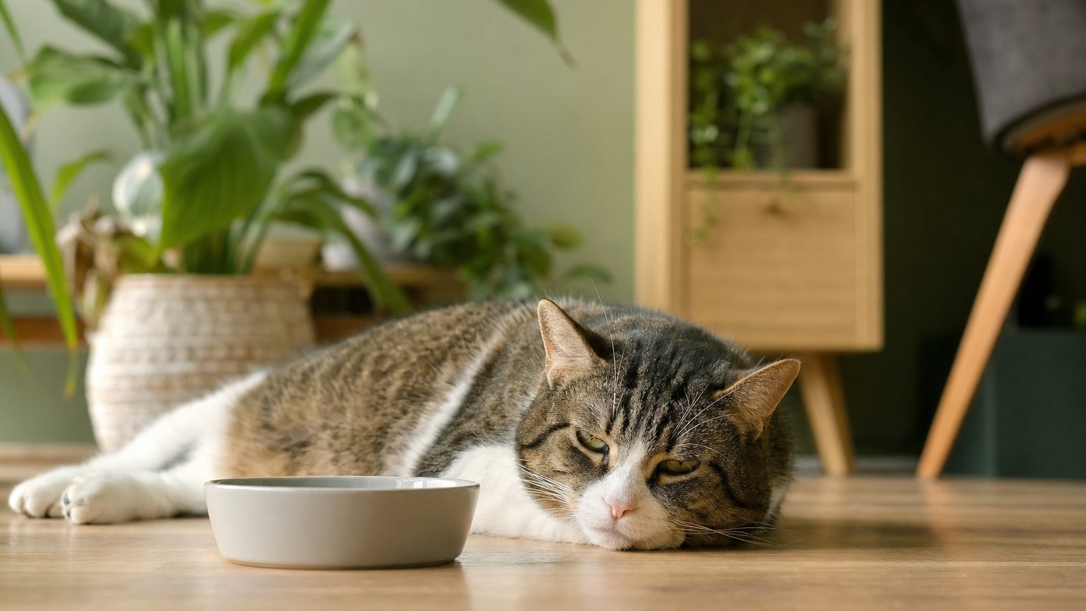 Chat qui ne mange plus et semble abattu, allongé près de sa gamelle vide