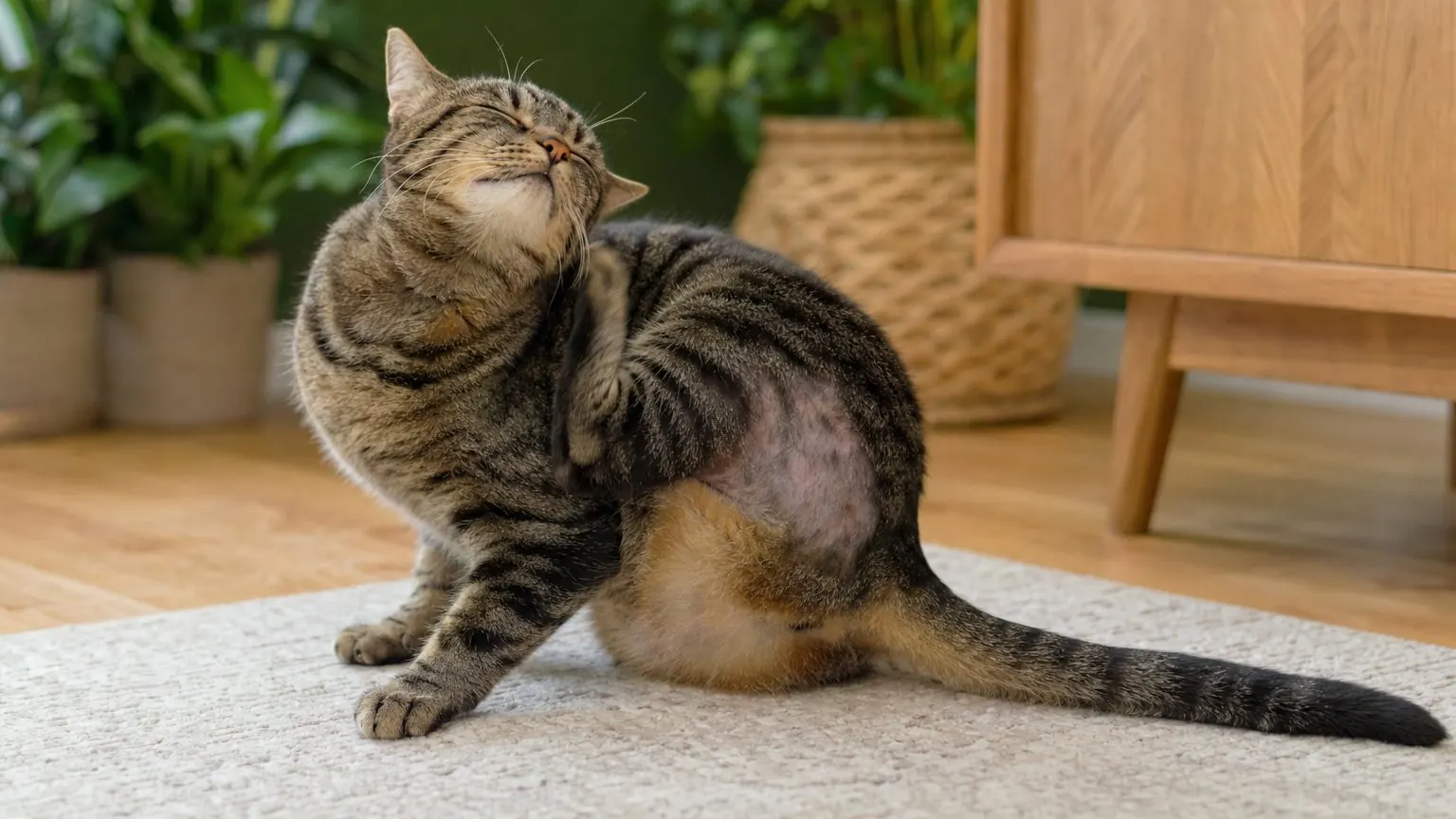 Chat qui se gratte et perd ses poils sur l'arrière-train, signe possible de puces