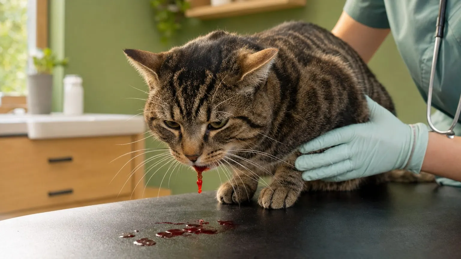 Chat qui vomit du sang examiné en urgence sur une table de consultation vétérinaire
