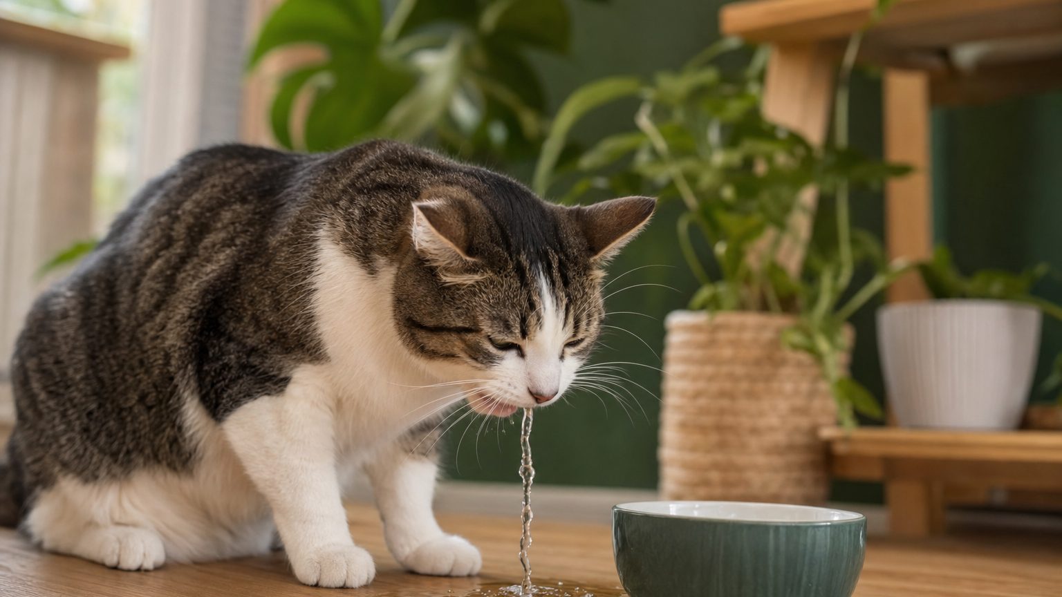 Chat qui vomit de l'eau près de sa gamelle, à observer avant d'appeler le vétérinaire