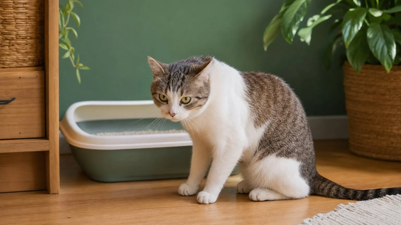Chat stérilisé assis près de sa litière, tendu, signe possible de malpropreté ou de cystite idiopathique féline