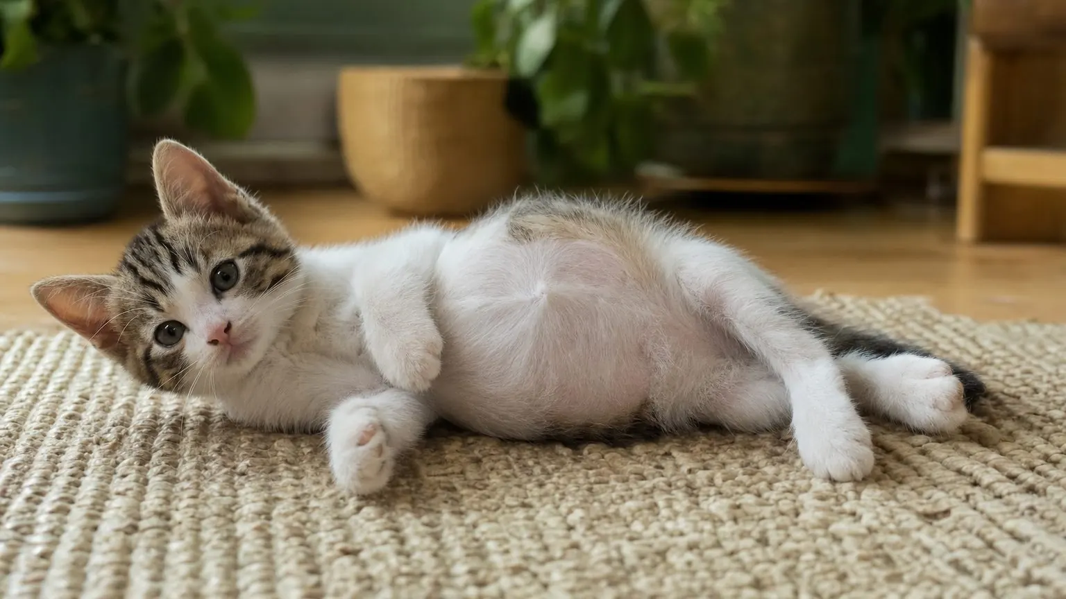 Chaton de 2 mois allongé, ventre gonflé et rond, à surveiller pour écarter une charge de vers