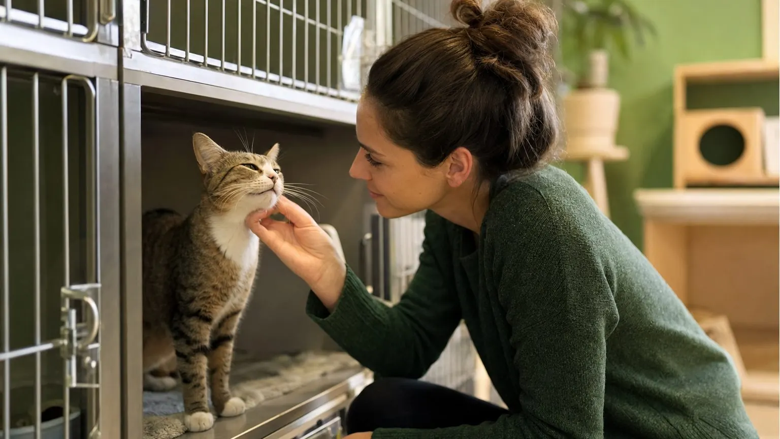 Femme caressant un chat en cage de refuge avant de l'adopter