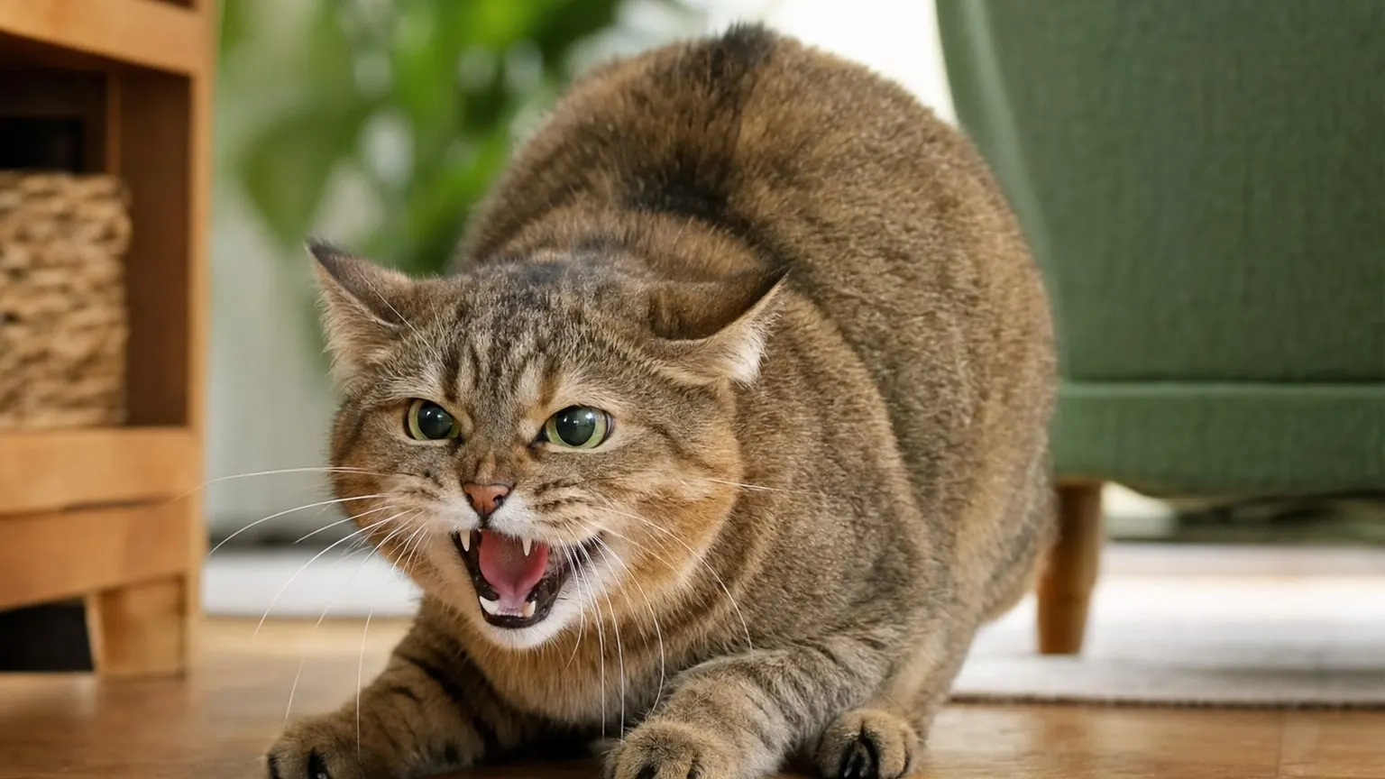 Chat qui crache et plaque les oreilles, signe de comportement chat agressif lié à la peur