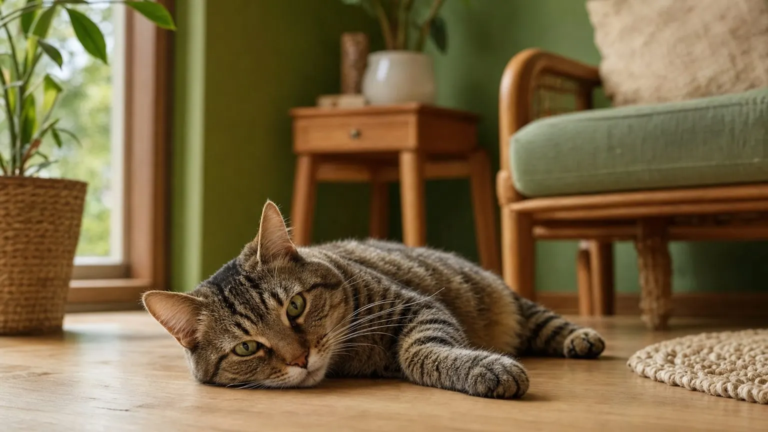 Chat qui se repose calmement après une chute, comportement à surveiller dans les 24 heures