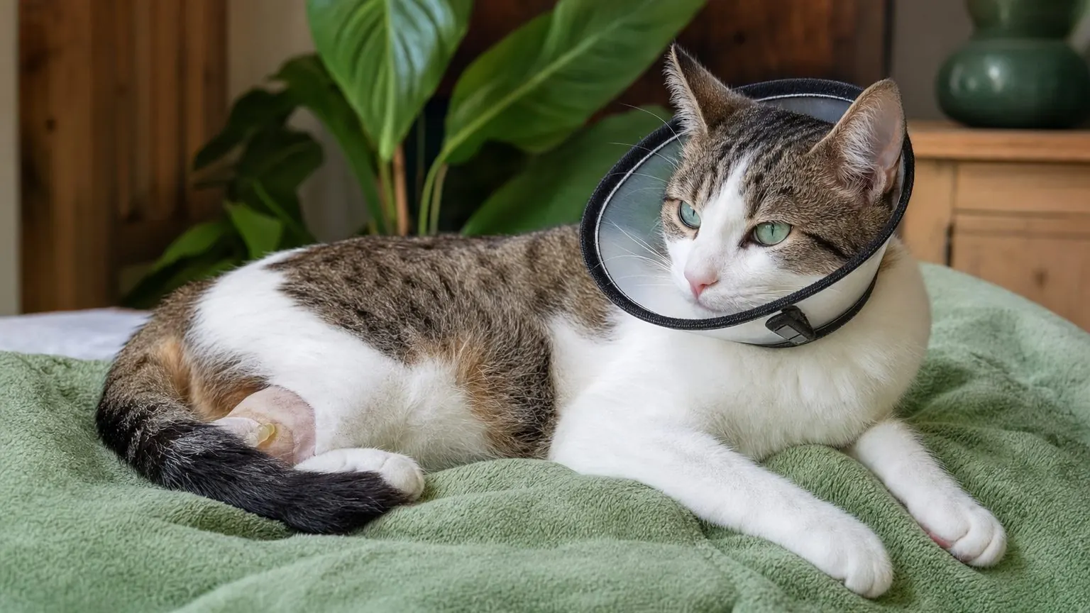 Chat en convalescence après une sonde urinaire, allongé et calme sur une couverture