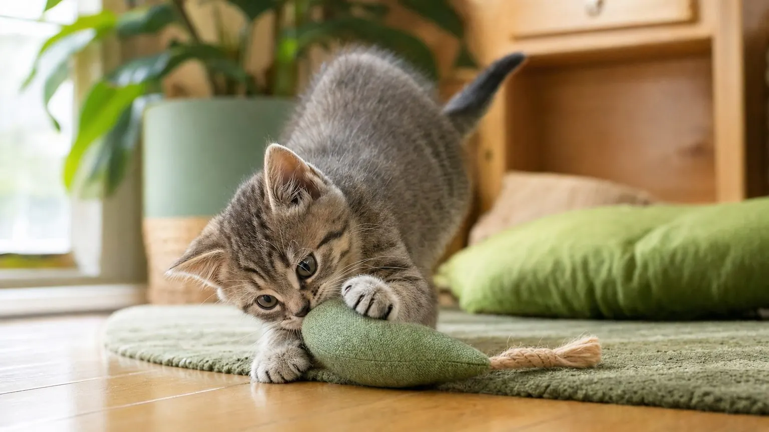 Chaton de 2 mois qui mordille un jouet en tissu pendant une séance de jeu