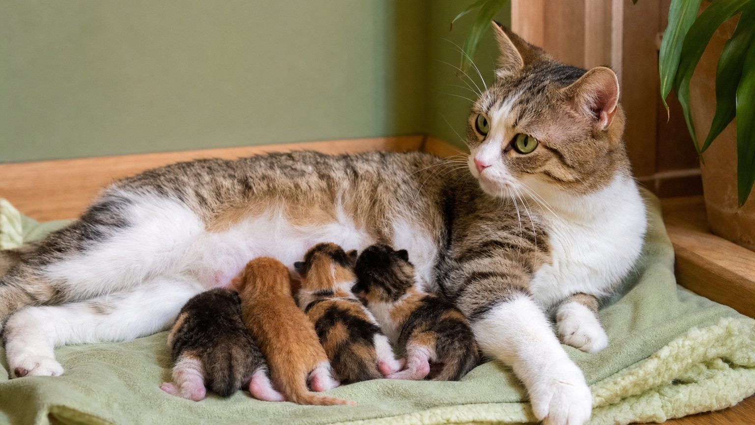 Chatte allongée avec sa portée de chatons nouveau-nés : le comportement du chat après la mise bas