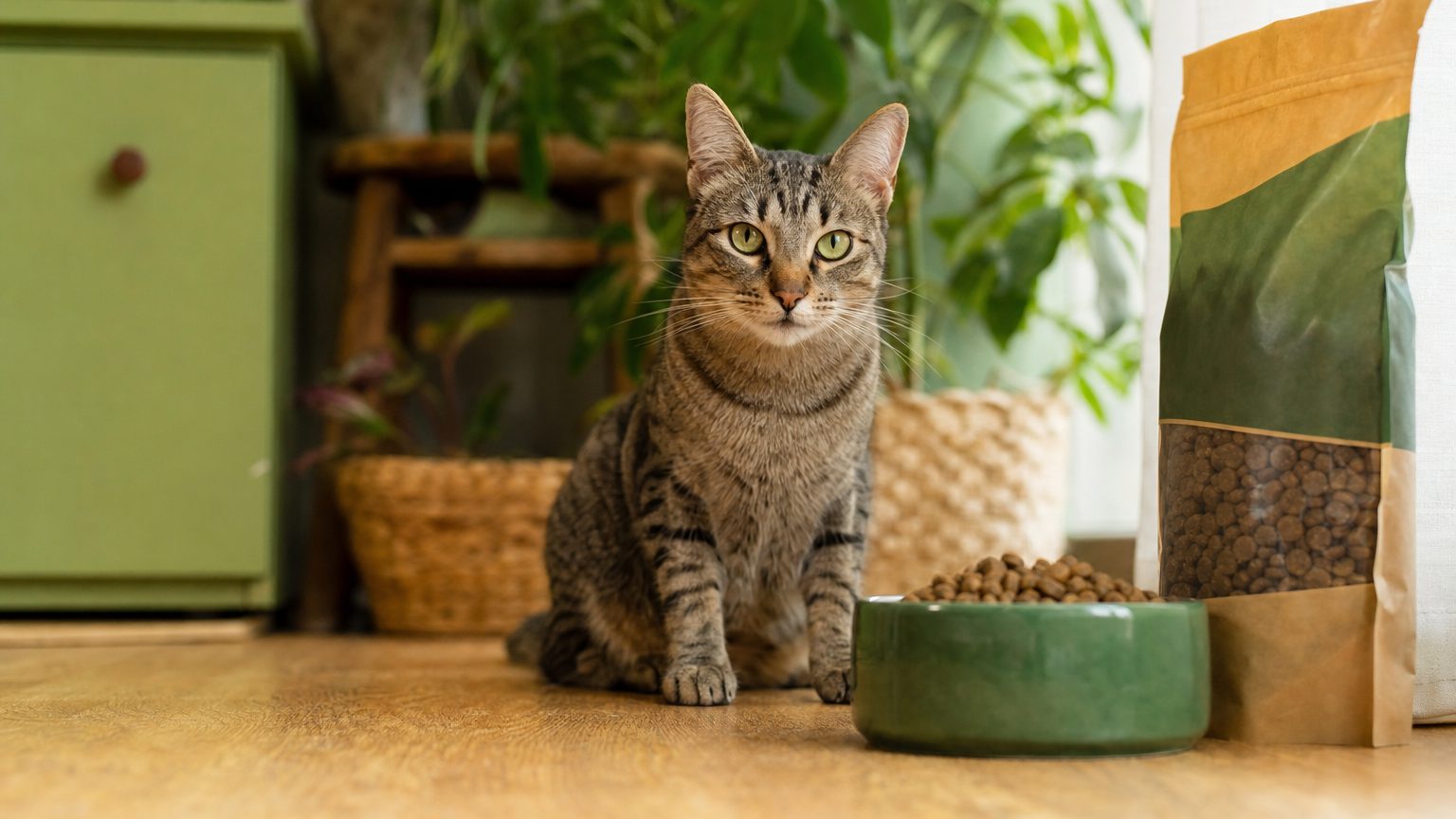 Étiquette de croquettes pour chat avec constituants analytiques et liste des ingrédients