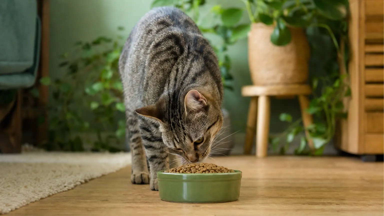 Chat difficile qui renifle avec méfiance un bol de nouvelles croquettes sans y toucher