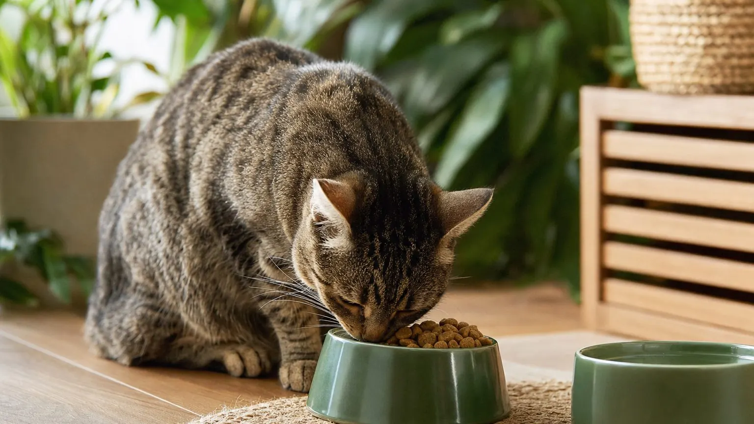Chat mangeant des croquettes hypoallergéniques dans sa gamelle
