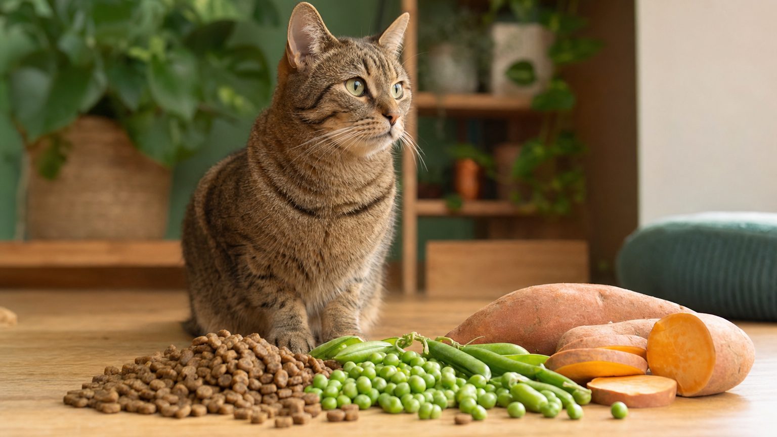 Croquettes pour chat sans céréales versées à côté de pois et de patates douces, leurs substituts habituels