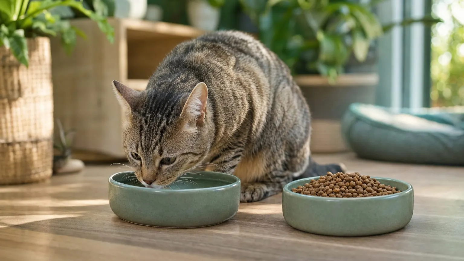 Chat buvant de l'eau près d'une gamelle de croquettes chat urinaire