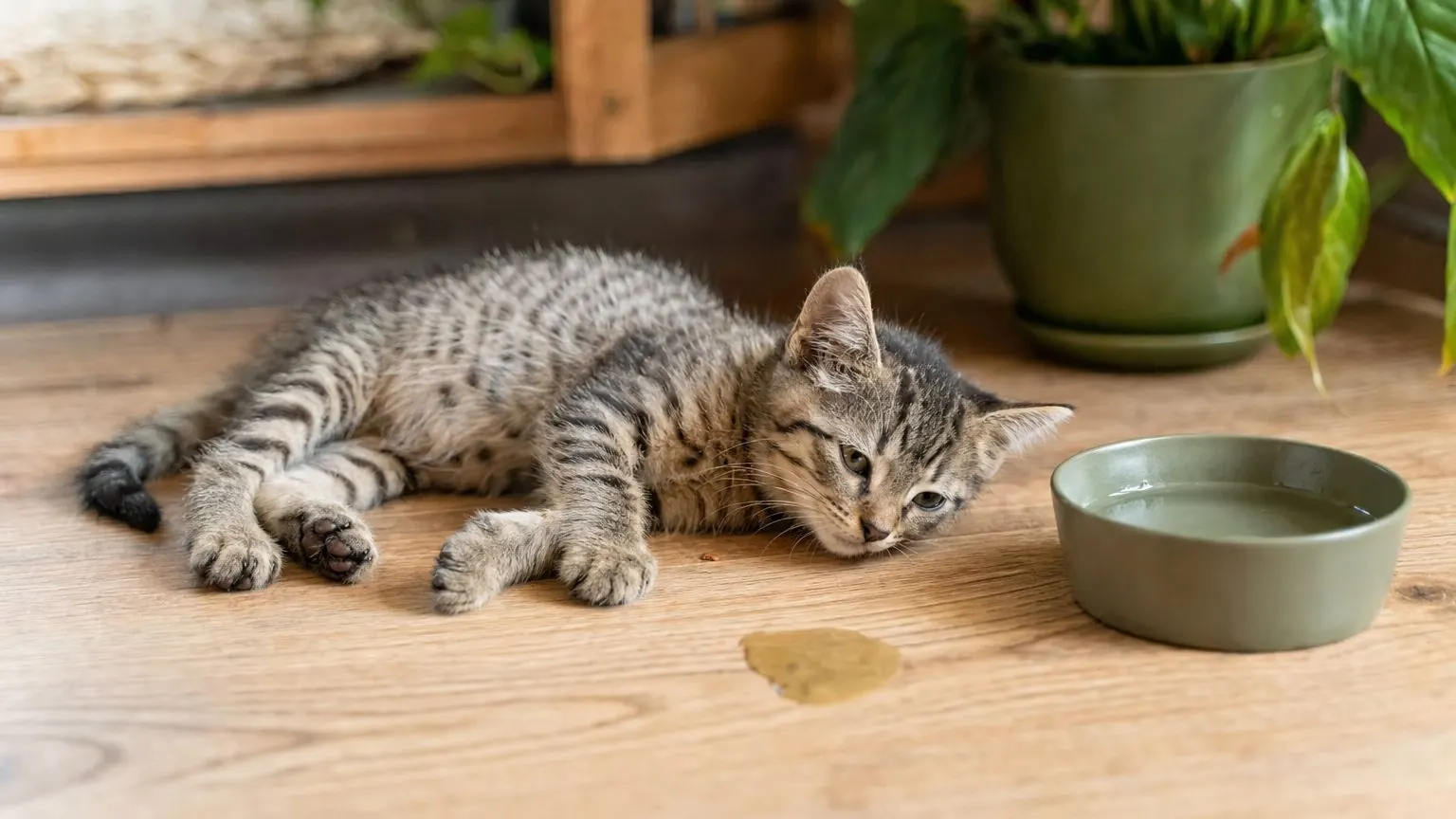 Chaton de 2 mois amorphe avec diarrhée, allongé près de sa gamelle d'eau