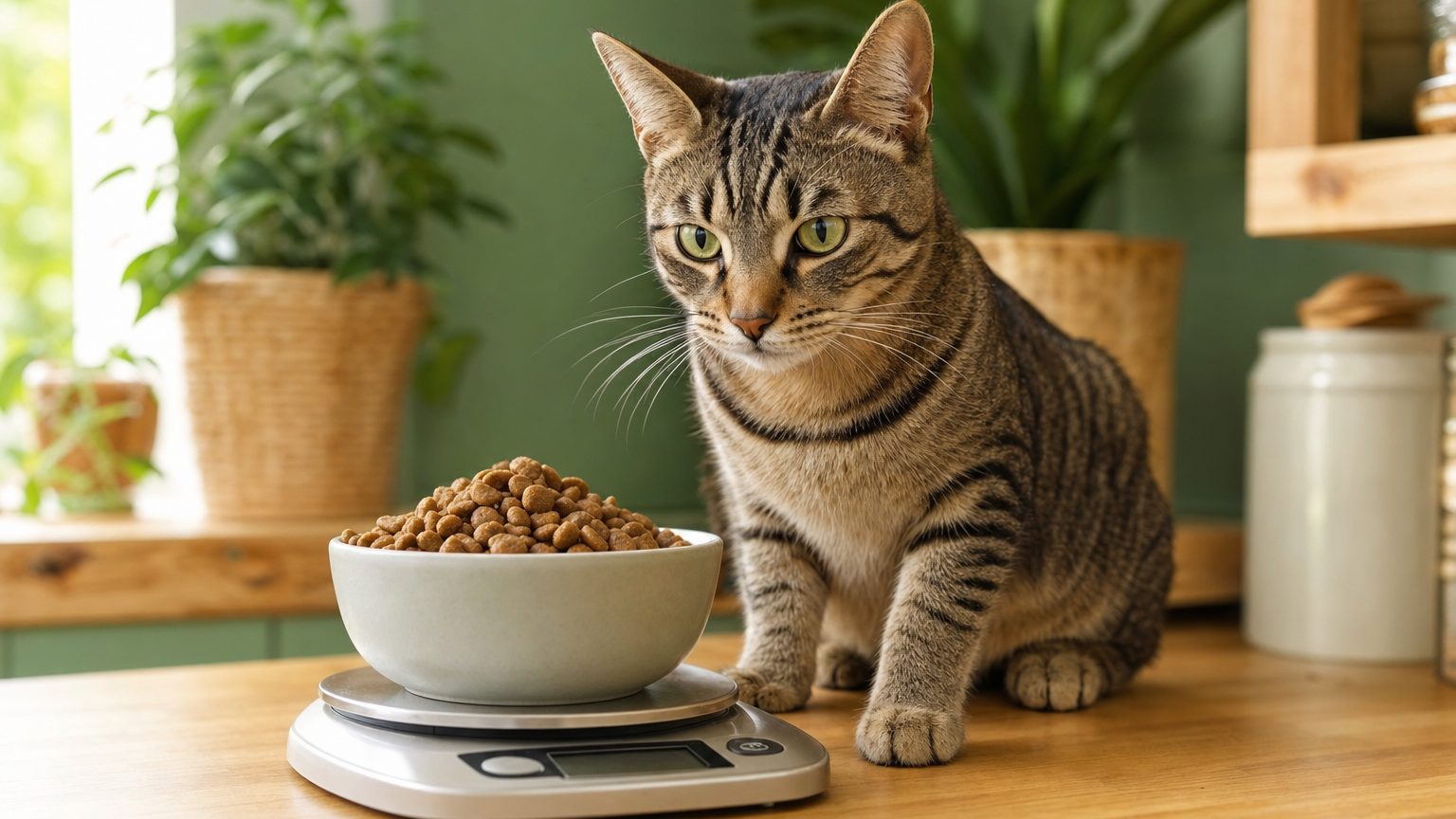 Balance de cuisine pour doser les croquettes et peser la ration quotidienne d'un chat