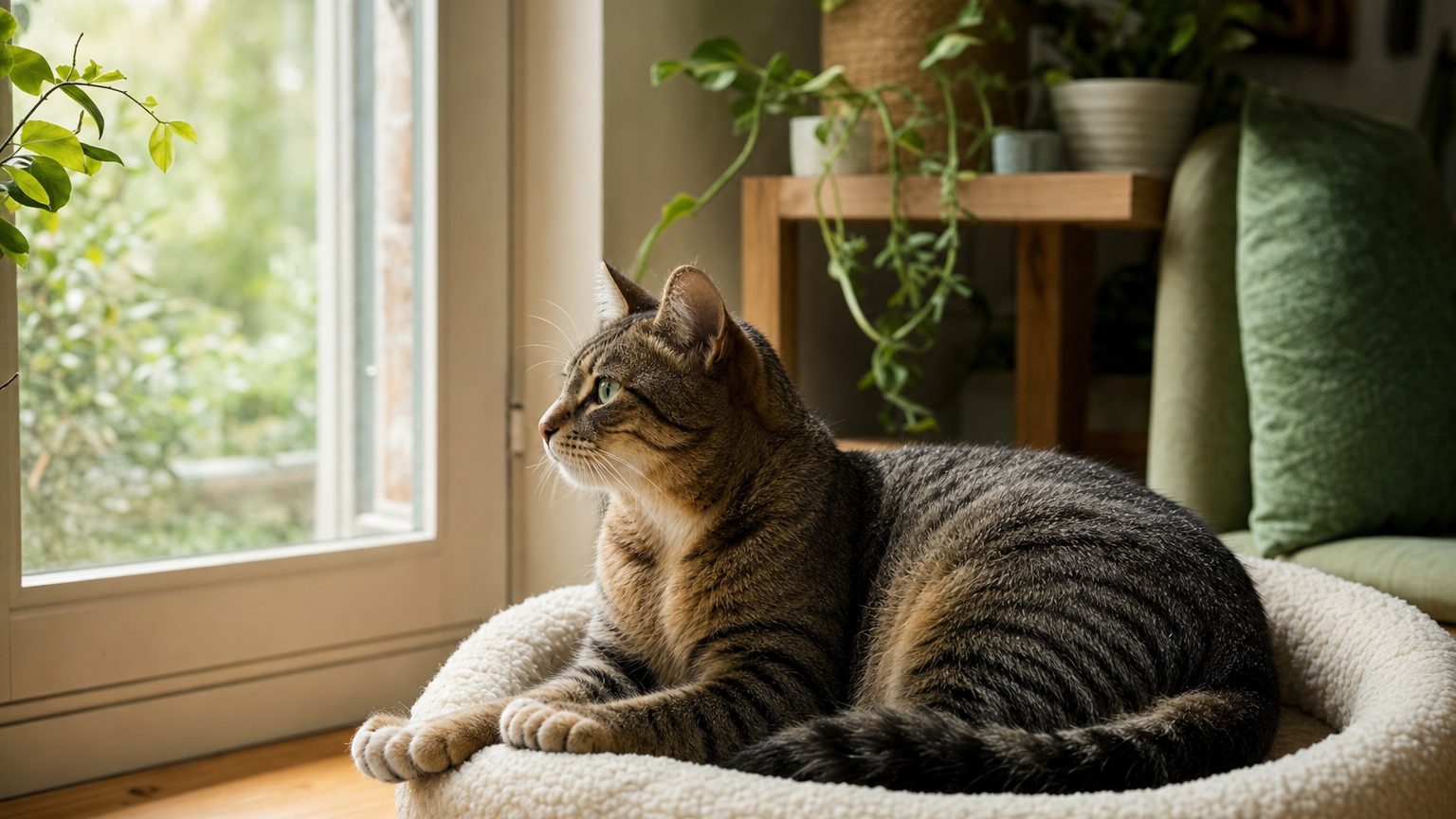 Chat d'appartement stérilisé se reposant près de la fenêtre