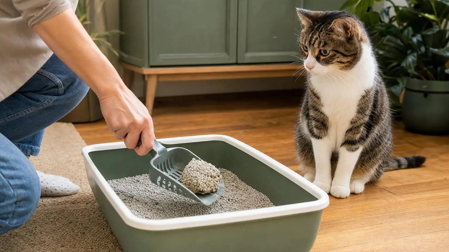 Main qui ramasse une motte dans une litière de chat avant le changement complet