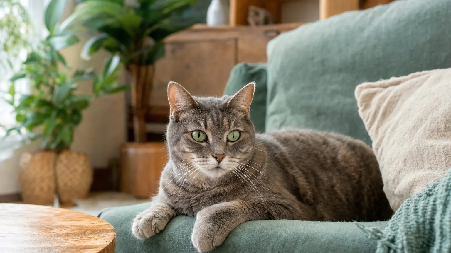 Chat détendu chez son pet-sitter pendant une garde de vacances