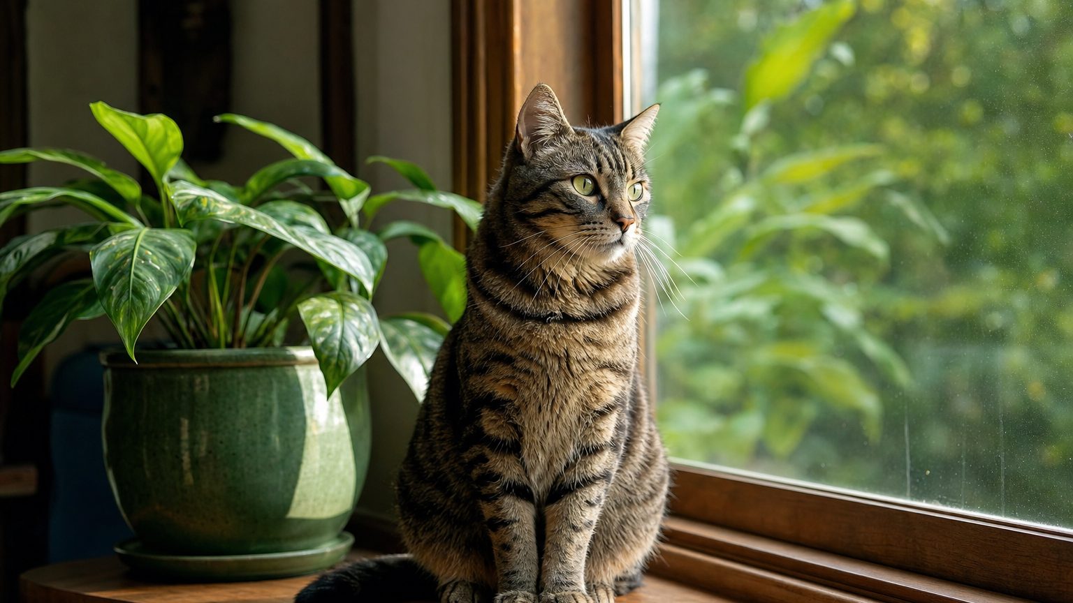 Chat tigré attentif posé sur un rebord de fenêtre