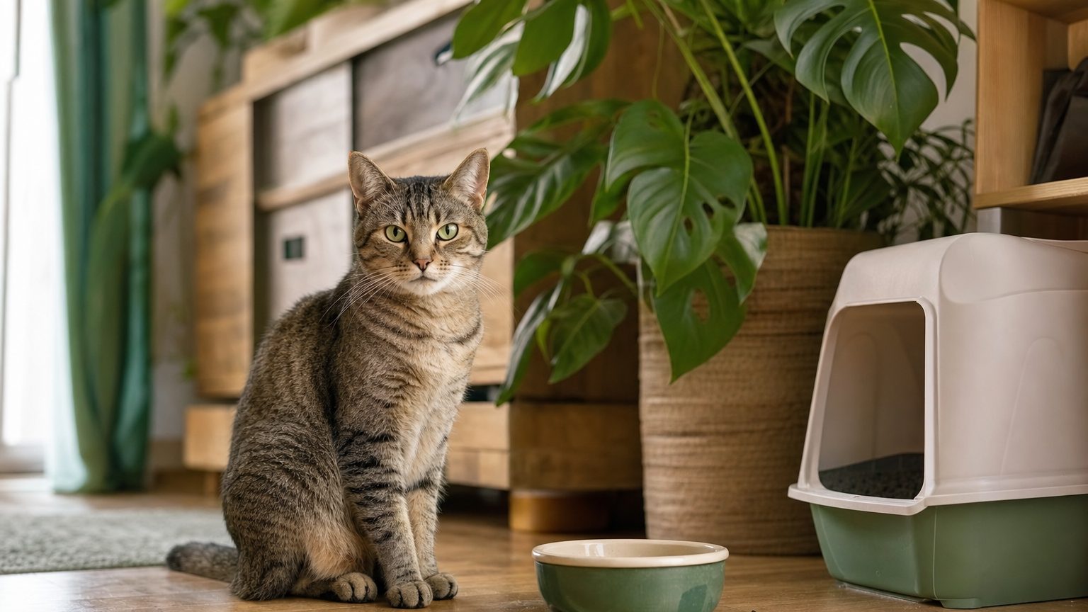 Chat seul à la maison près de sa gamelle et de sa litière avant un départ de deux jours