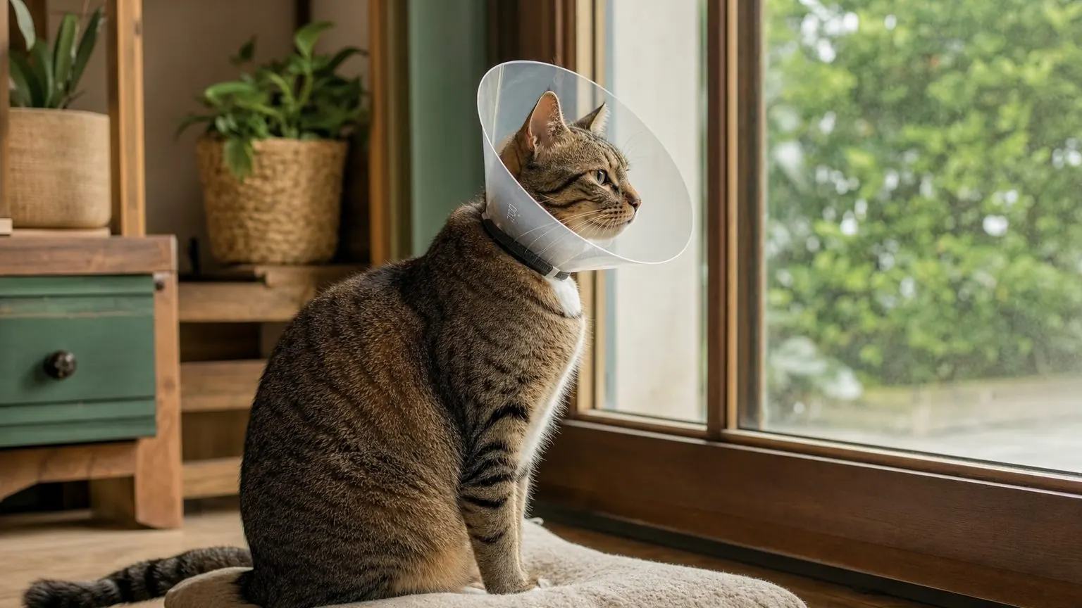 Chat portant une collerette assis seul près d'une fenêtre pendant sa convalescence