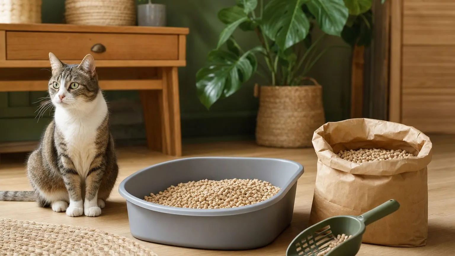 Litière chat compostable en granulés de bois posée près d'une pelle et d'un sac