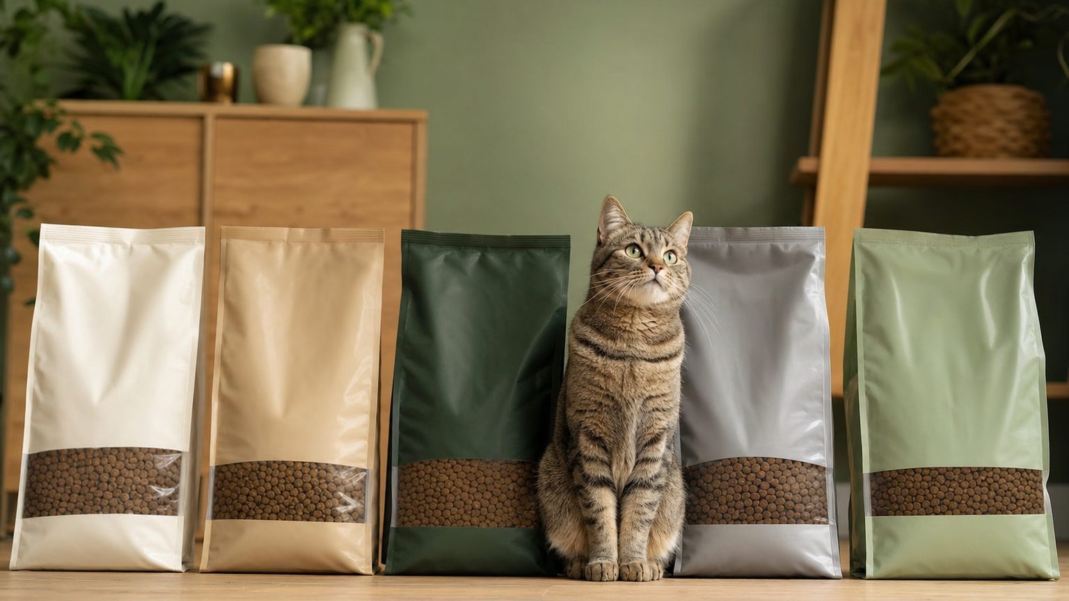 Cinq paquets de croquettes pour chat de supermarché posés côte à côte pour un comparatif