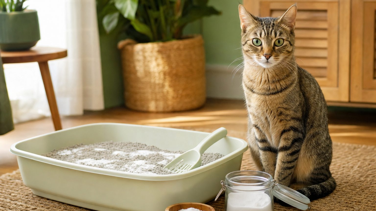 Bac à litière de chat propre avec bicarbonate de soude contre l'odeur litière
