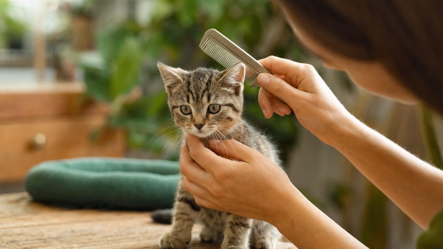 Chaton de 2 mois inspecté au peigne fin pour détecter des puces avant traitement