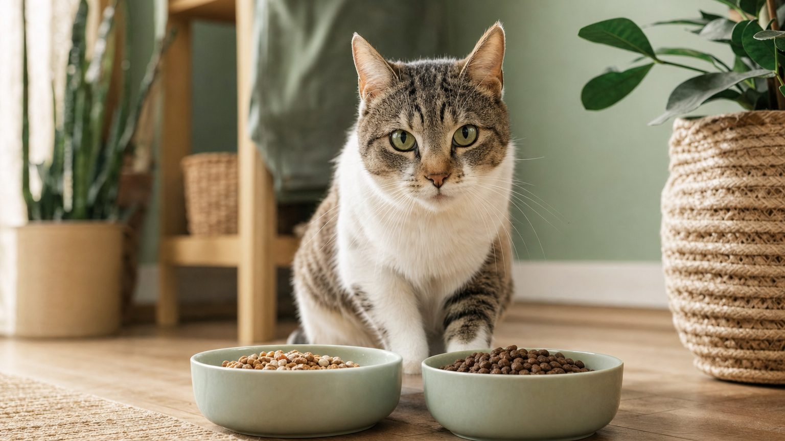 Deux gamelles de croquettes pour chat côte à côte pendant une transition alimentaire progressive