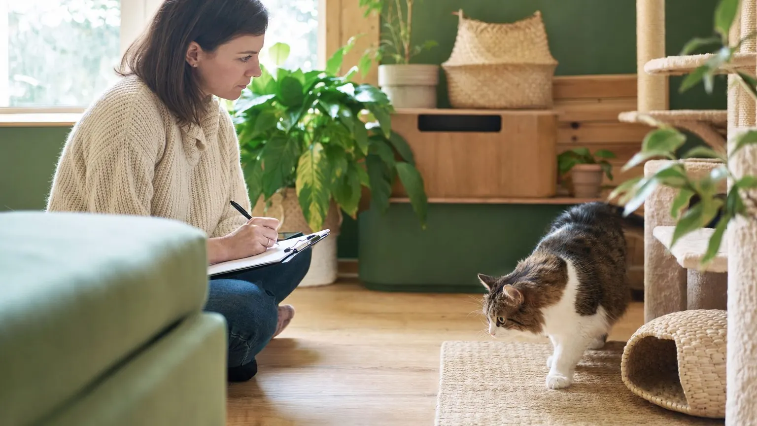 Comportementaliste féline observant un chat présentant un trouble du comportement