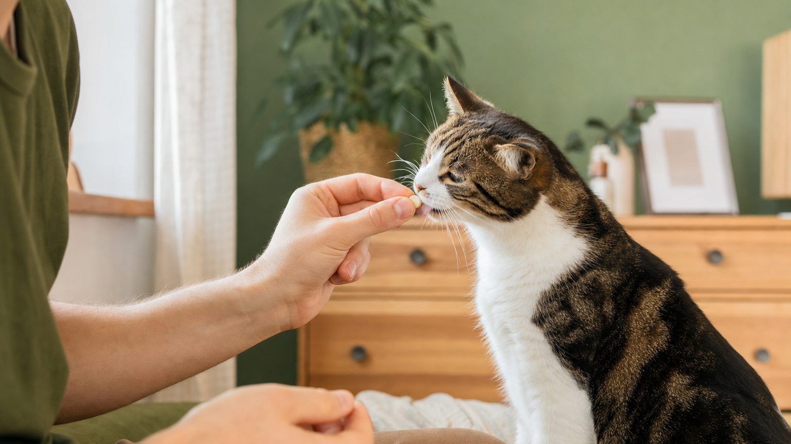 Chat recevant un comprimé vermifuge des mains de son propriétaire